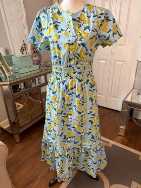 French Connection Light Blue Lemon-Print Midi Dress with Smocked Waist NWOT Sm